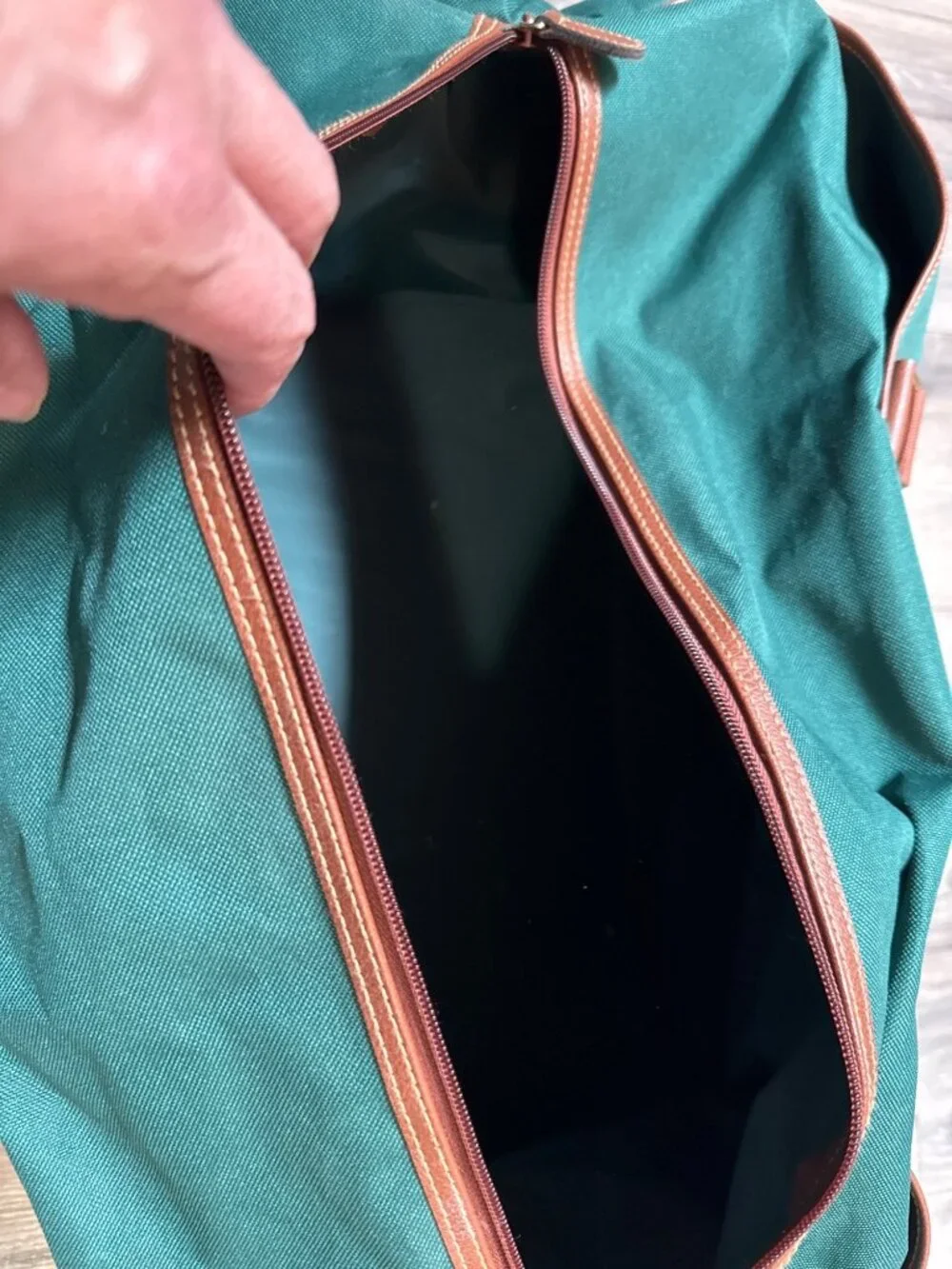 Ralph Lauren 1990's Green & Brown Canvas Duffel Bag Leather Trim And Adjustable